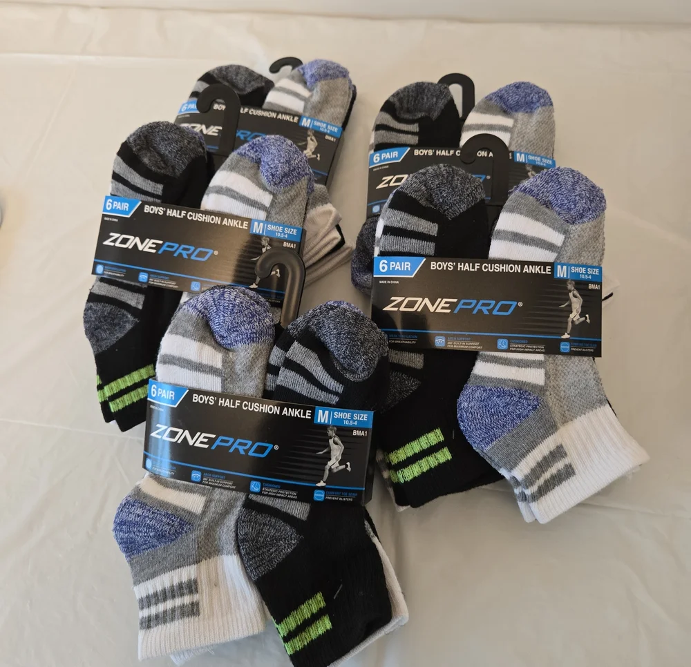 Zone Pro Boys Half‑Cushion Ankle Socks – FIVE 6‑Packs, Size 10.5–4, NWT